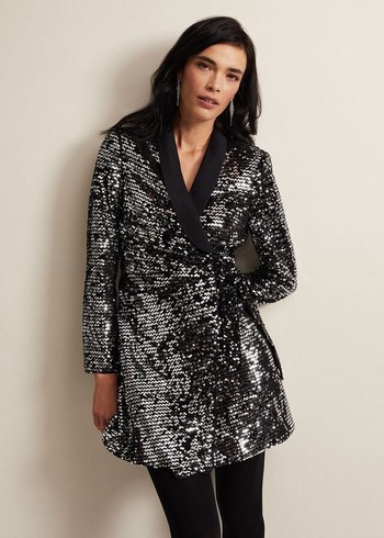 Phase Eight Brea Wrap Tuxe Sequin Dress Black USA | 4037628-GI